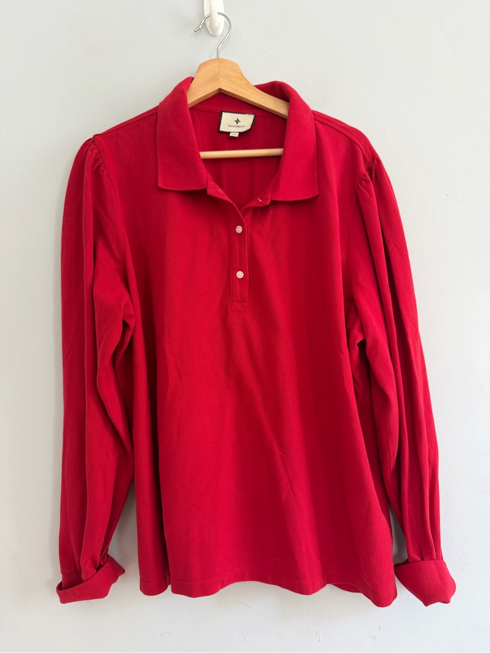 Tuckernuck Peggy Long Puff Sleeve Pique Polo Shirt Red Size XXXL